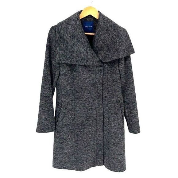 Cole Haan Womens Wide Collar Lined Wool Blend Wrap Zip Coat Charcoal Gray Size 6